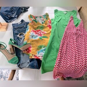 Women’s Summer Vacation Vibes Green Tropical Top Dress Jeans Sz XS/S 26